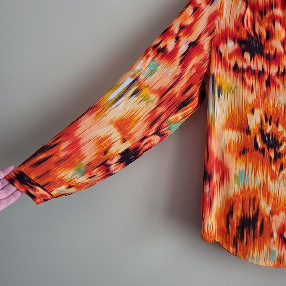 Zac & Rachel Womens Blouse Size XL Orange Abstract Roll Tab Sleeve Office Career - Picture 4 of 11